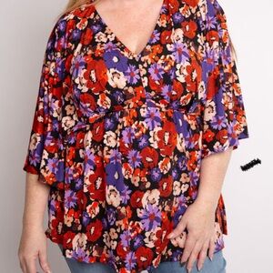 Beautiful Dreamer Style Floral V-Neck Blouse - Red and Purple